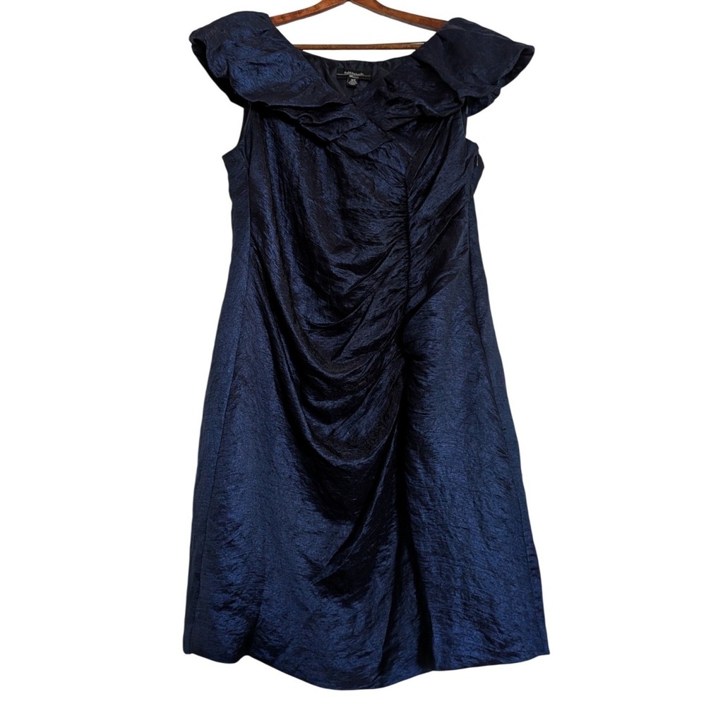 R&M Richards Navy Blue Metallic Ruched Portrait Neckline Cocktail Dress 16W